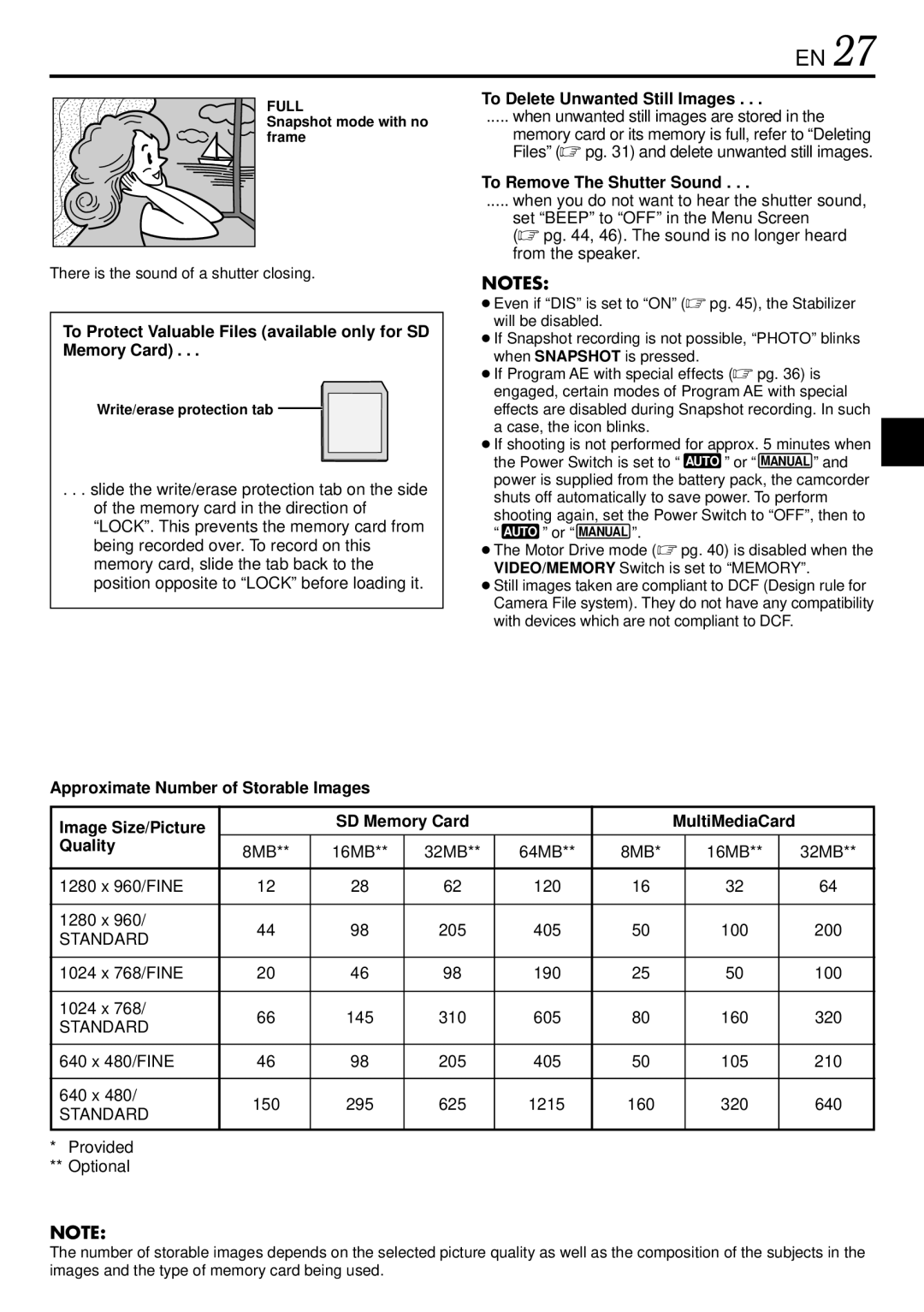 JVC GR-DVL725 instruction manual To Protect Valuable Files available only for SD Memory Card, To Remove The Shutter Sound 