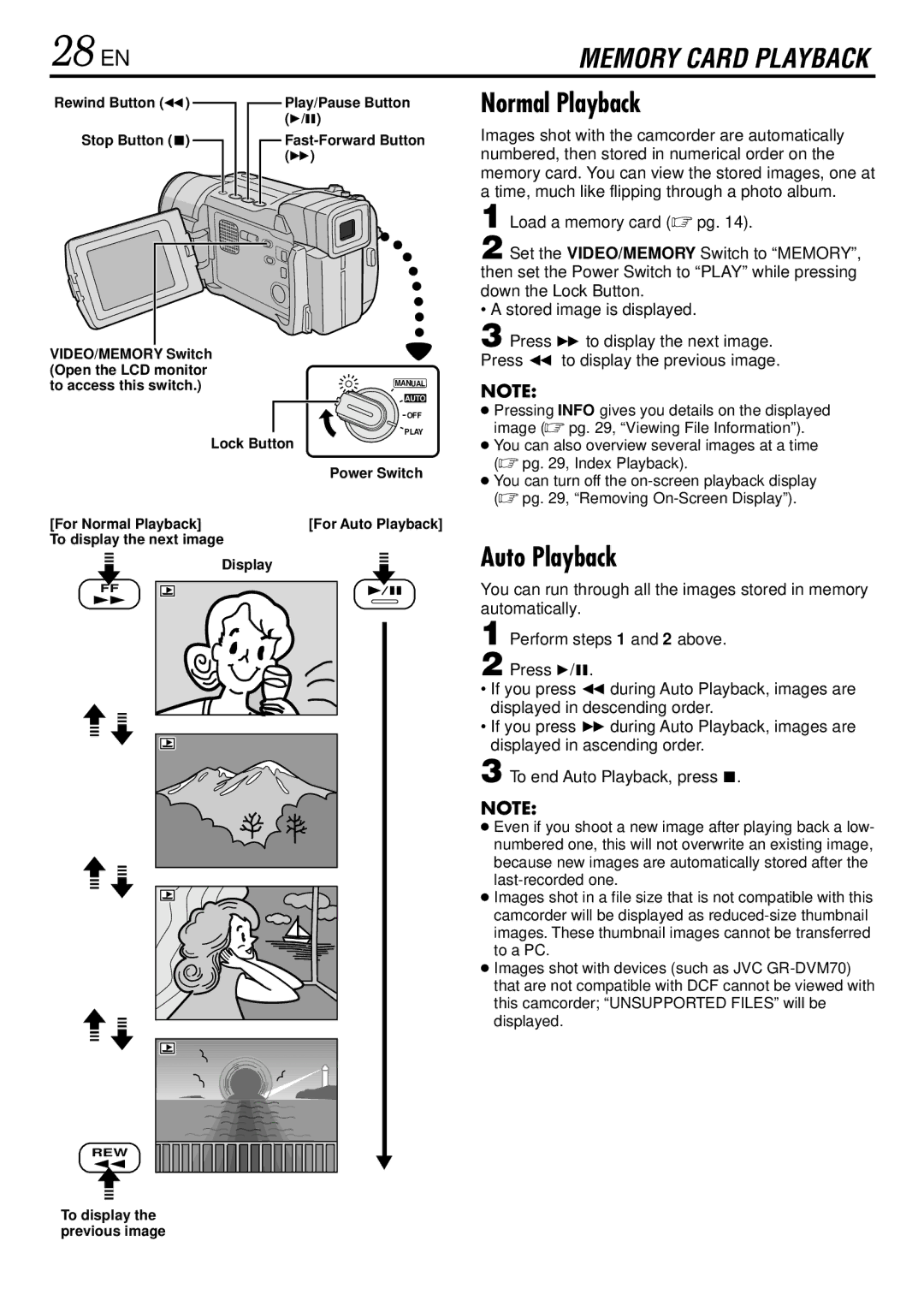 JVC GR-DVL725 instruction manual 28 EN, Rewind Button Play/Pause Button Stop Button, Power Switch For Auto Playback 