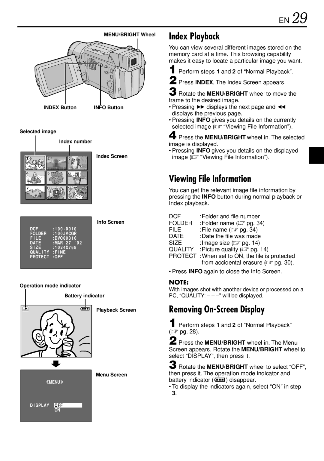 JVC GR-DVL725 instruction manual Index Playback, Viewing File Information, Removing On-Screen Display 