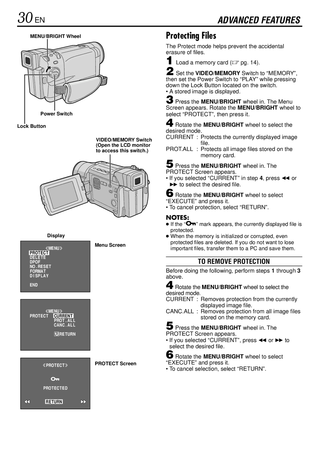 JVC GR-DVL725 30 EN, Protecting Files, To Remove Protection, Protect mode helps prevent the accidental erasure of files 