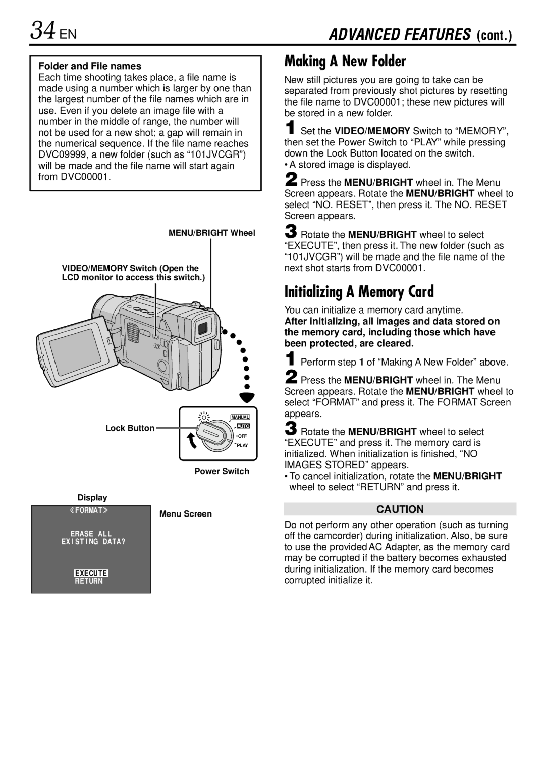 JVC GR-DVL725 instruction manual 34 EN, Making a New Folder, Initializing a Memory Card, Folder and File names 