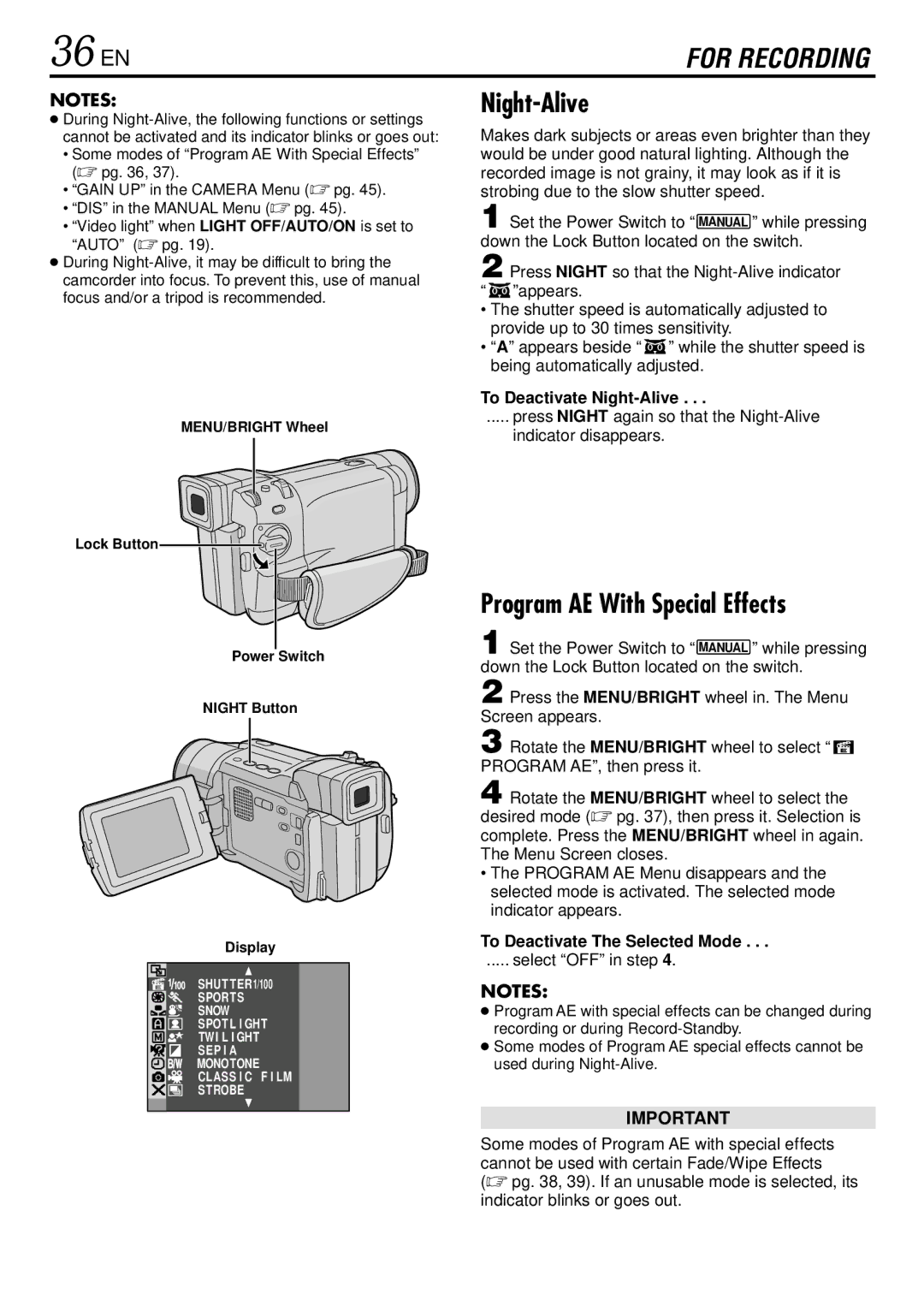 JVC GR-DVL725 36 EN, Program AE With Special Effects, To Deactivate Night-Alive, To Deactivate The Selected Mode 