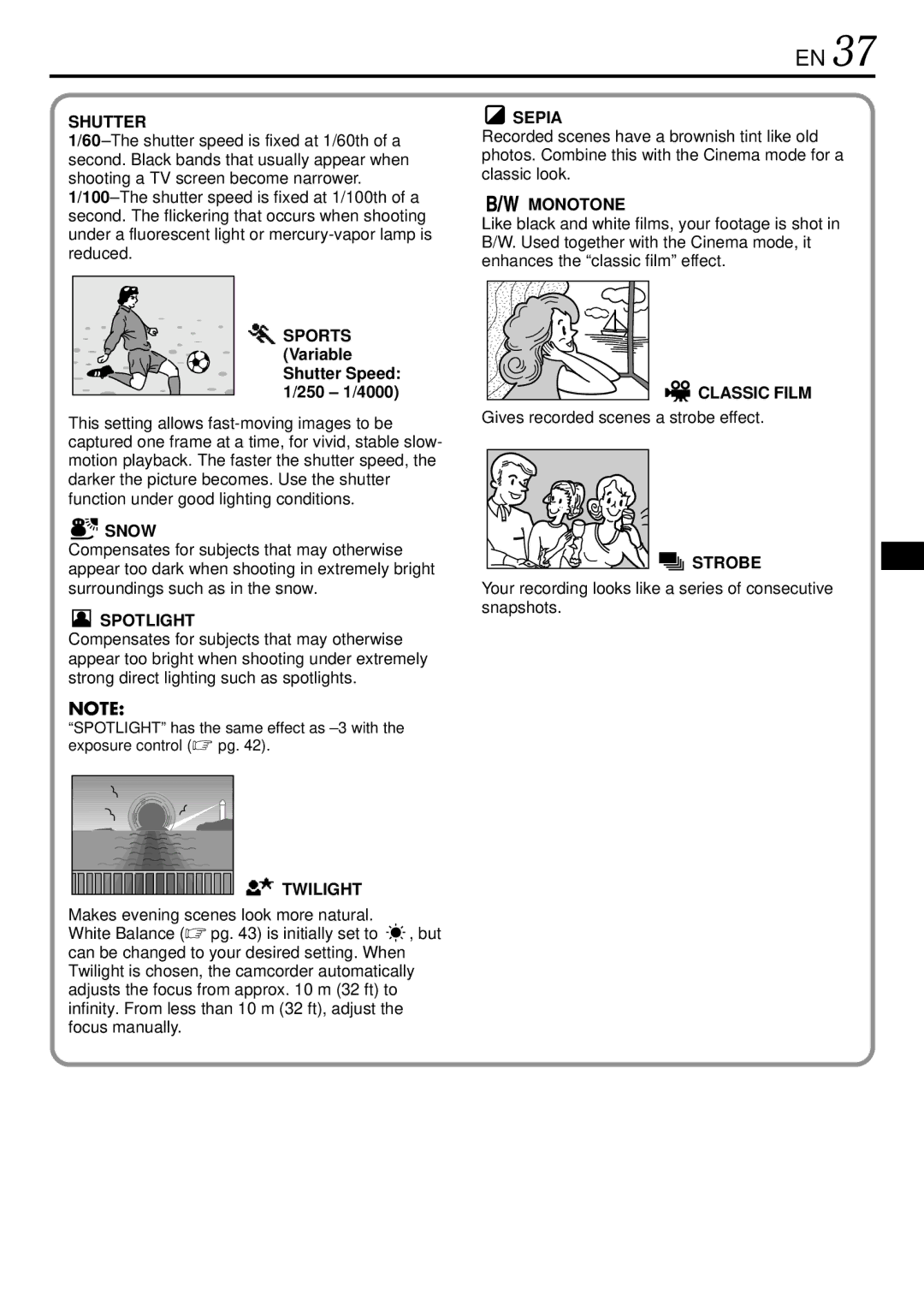 JVC GR-DVL725 instruction manual Sports Variable Shutter Speed 1/250 1/4000, Gives recorded scenes a strobe effect 