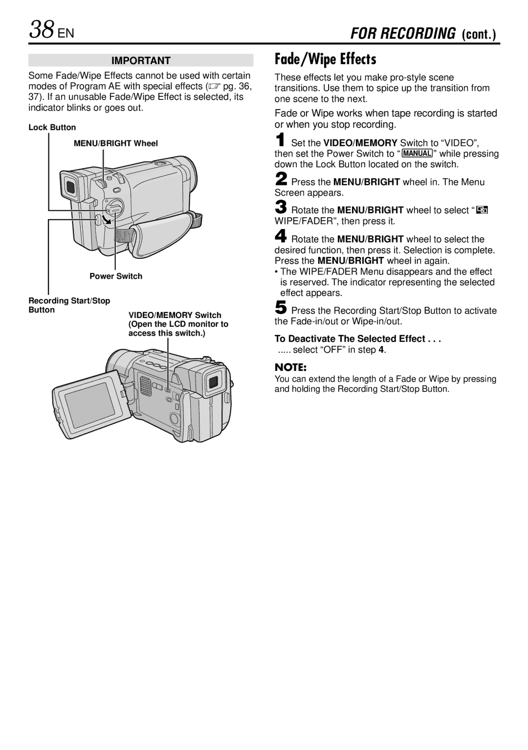 JVC GR-DVL725 instruction manual 38 EN, Fade/Wipe Effects, To Deactivate The Selected Effect 