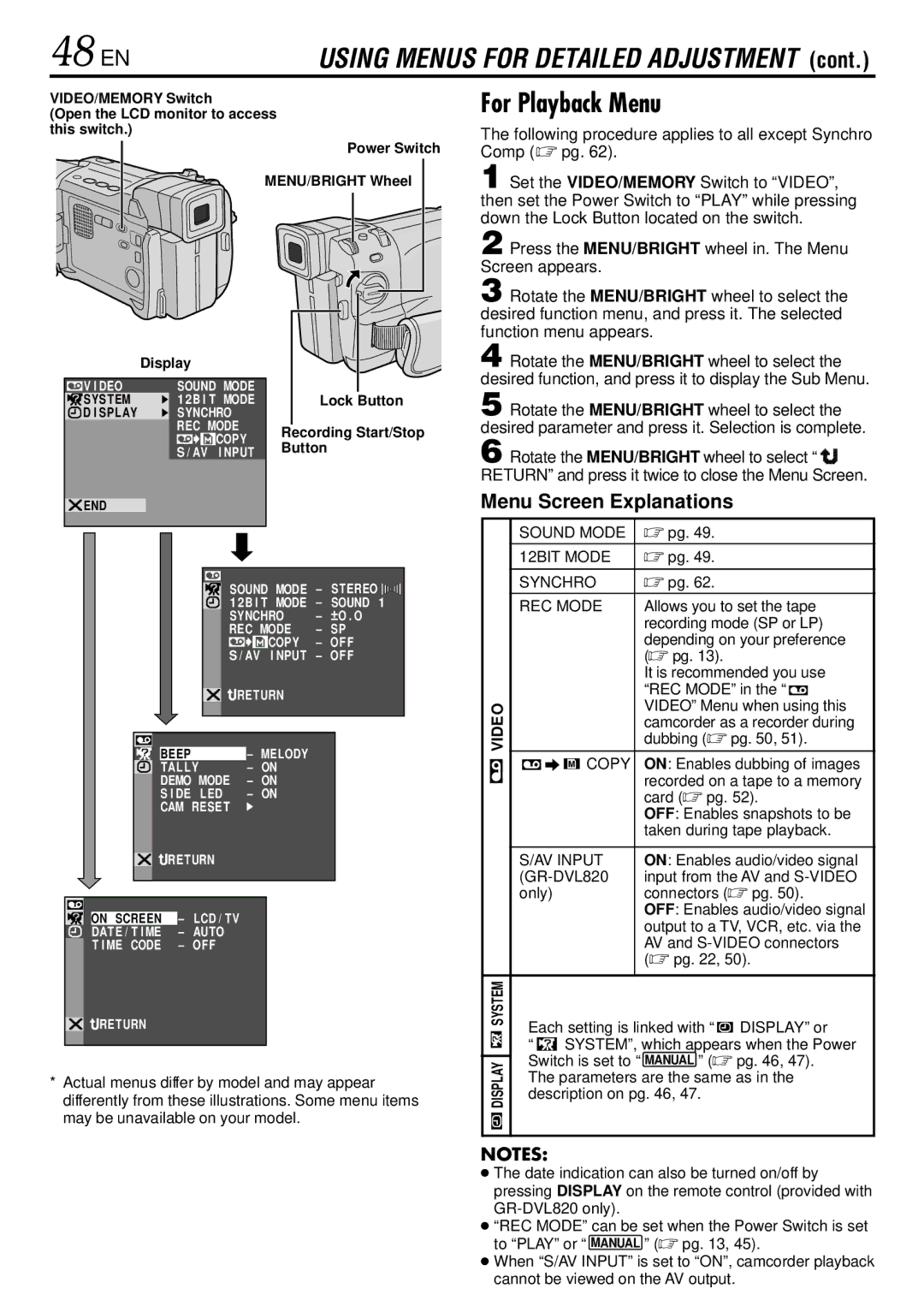 JVC GR-DVL725 instruction manual 48 EN, For Playback Menu, Following procedure applies to all except Synchro Comp  pg 