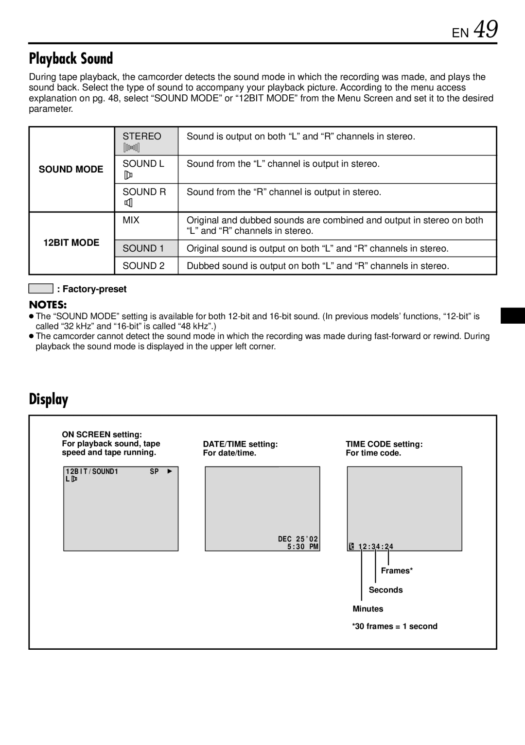 JVC GR-DVL725 instruction manual Playback Sound, Display 