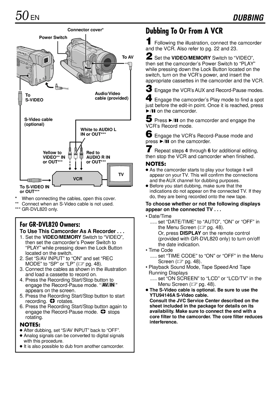 JVC GR-DVL725 50 EN, Dubbing To Or From a VCR, Connector cover Power Switch To AV Audio/Video, To S-VIDEO Or OUT 