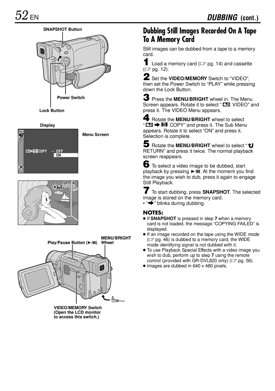 JVC GR-DVL725 instruction manual 52 EN, Lock Button Display Menu Screen, Play/Pause Button 4/6 Wheel 