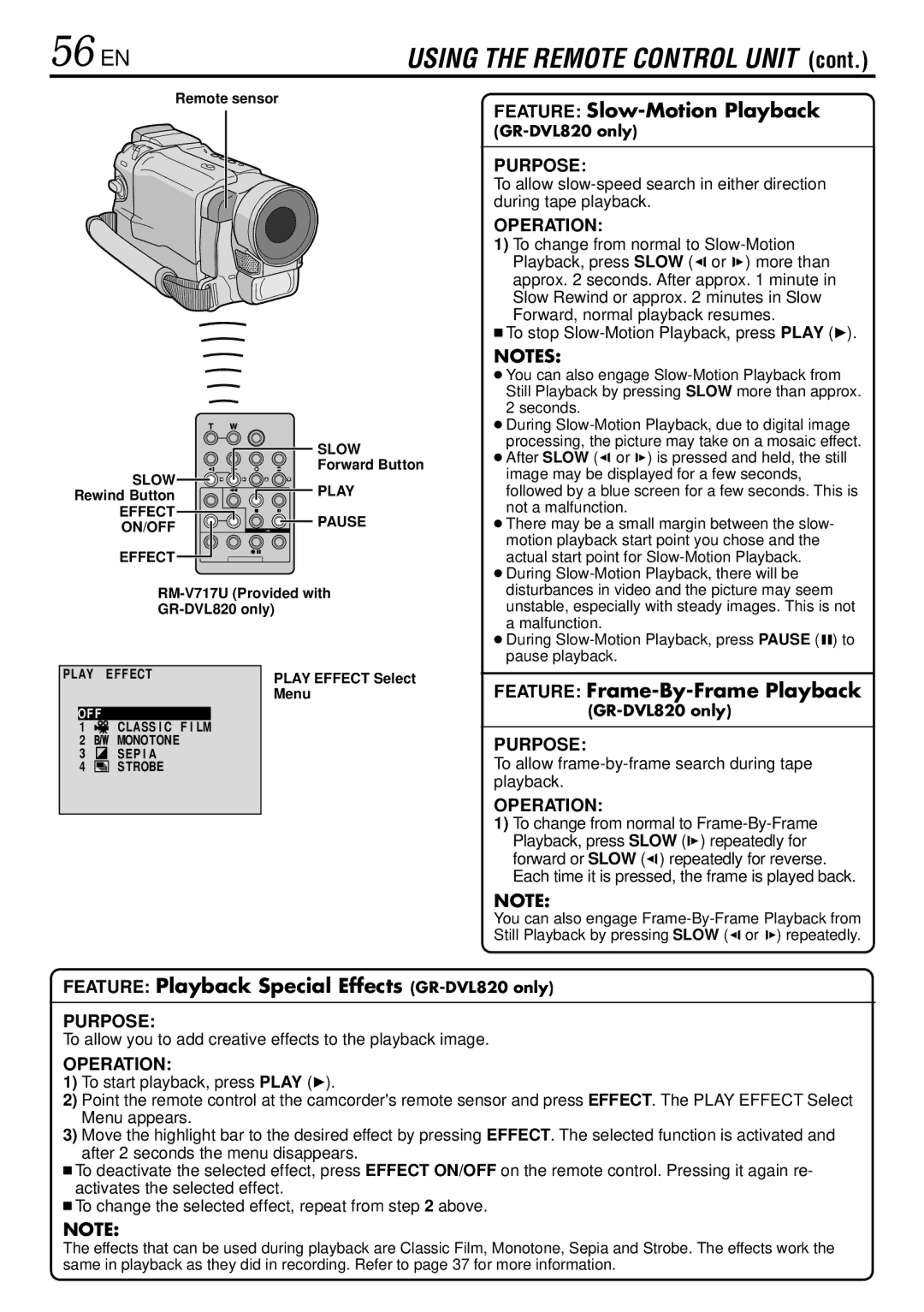 JVC GR-DVL725 56 EN, To allow frame-by-frame search during tape playback, RM-V717U Provided with GR-DVL820 only, Menu 