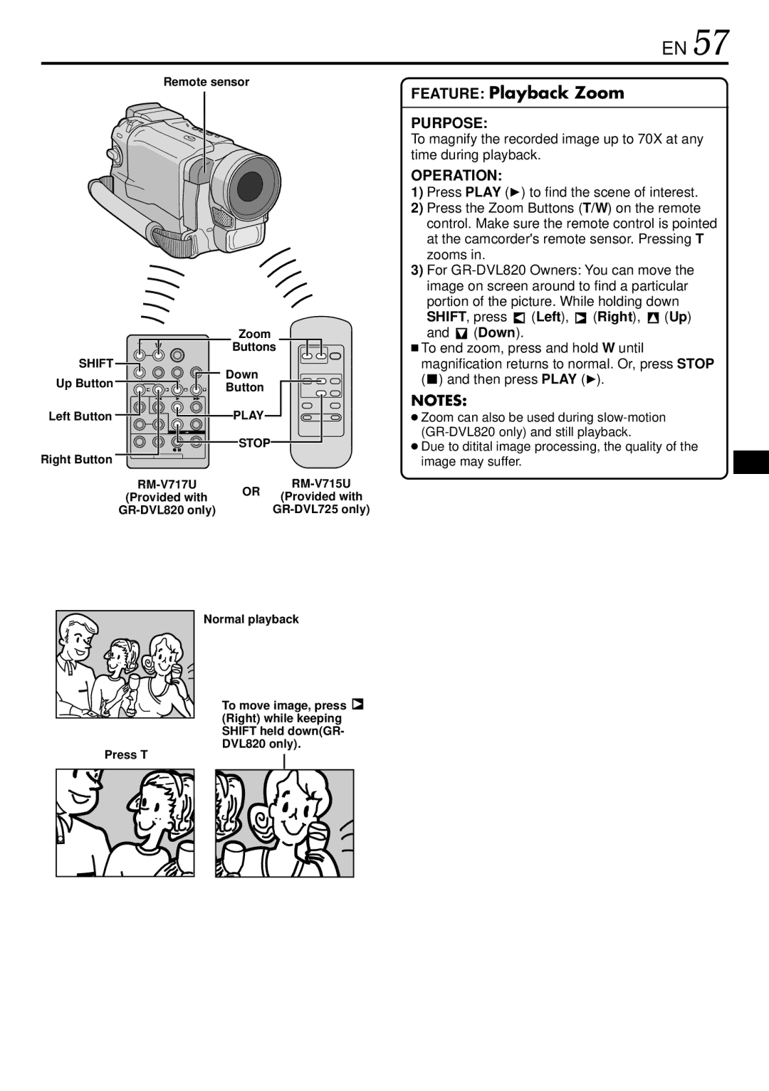 JVC GR-DVL725 instruction manual Down, Left Button, Right Button, Normal playback, DVL820 only Press T 