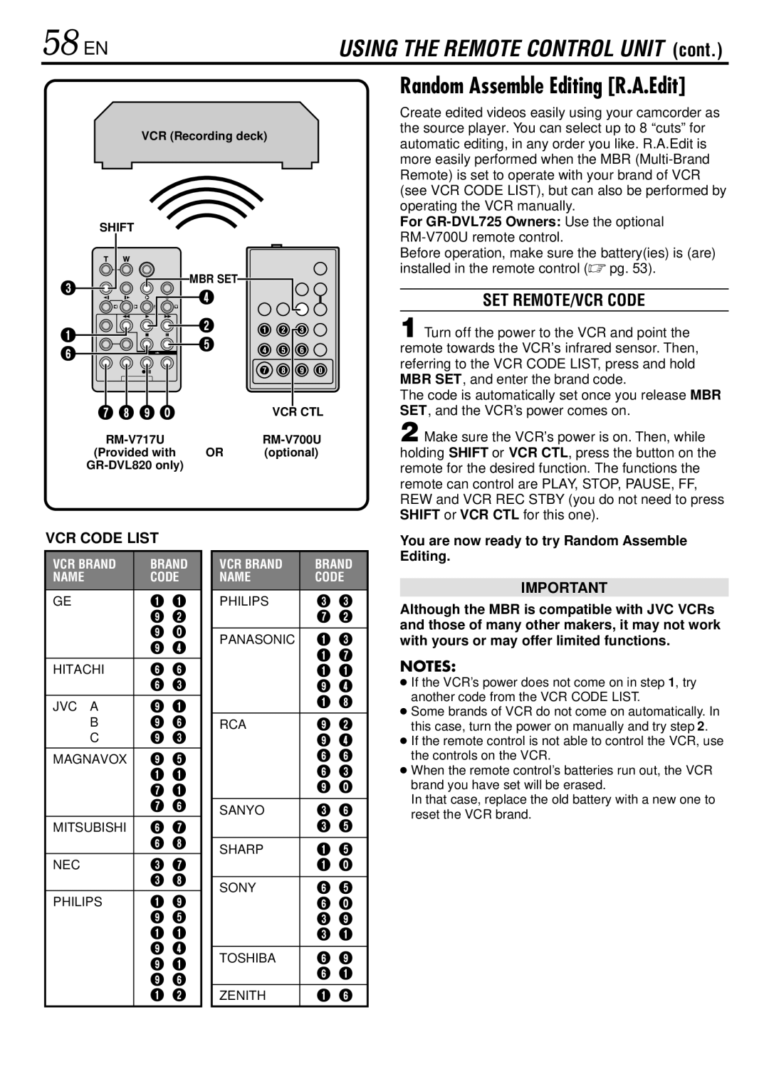 JVC instruction manual 58 EN, SET REMOTE/VCR Code, For GR-DVL725 Owners Use the optional 