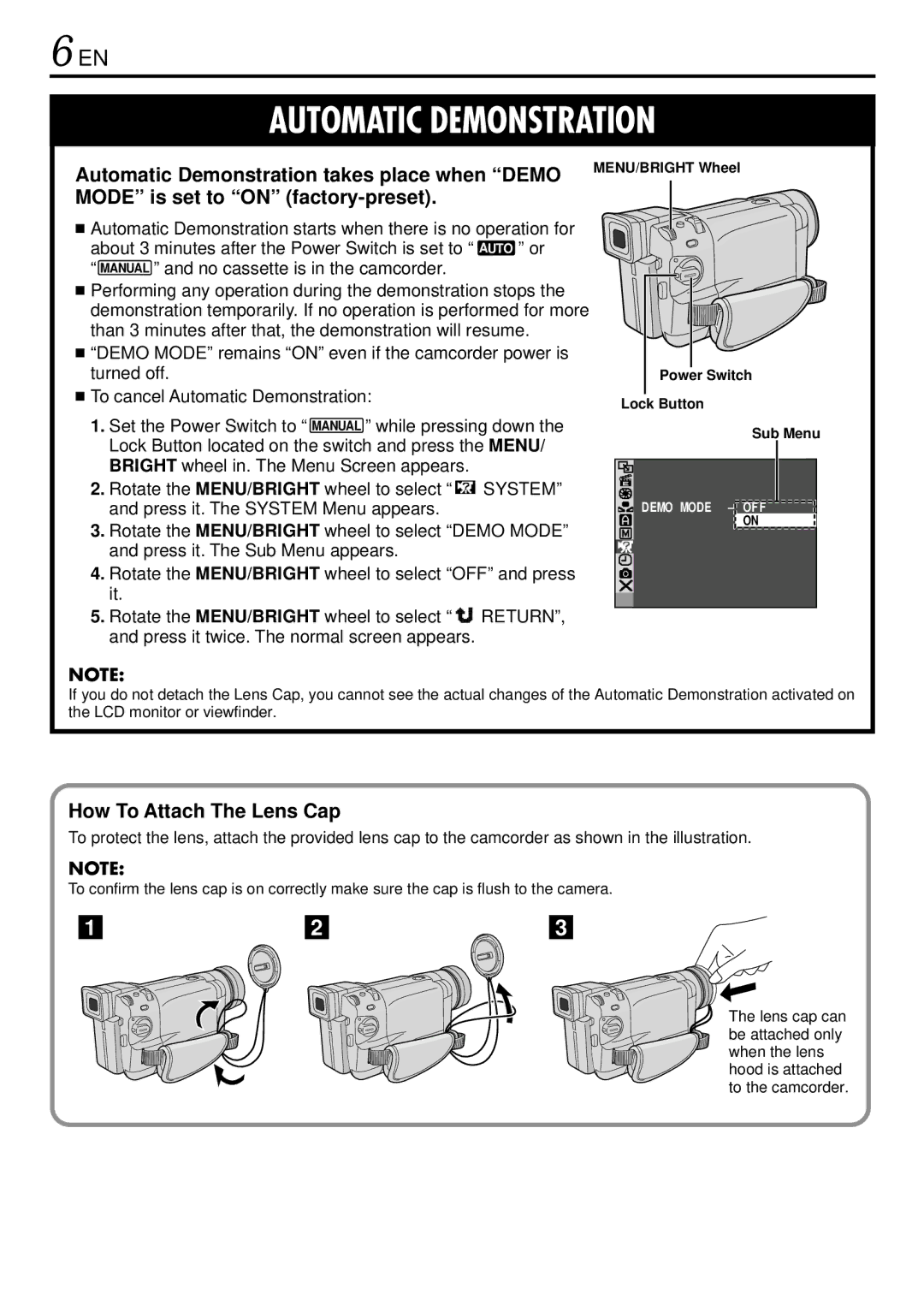 JVC GR-DVL725 Automatic Demonstration takes place when Demo, Mode is set to on factory-preset, How To Attach The Lens Cap 