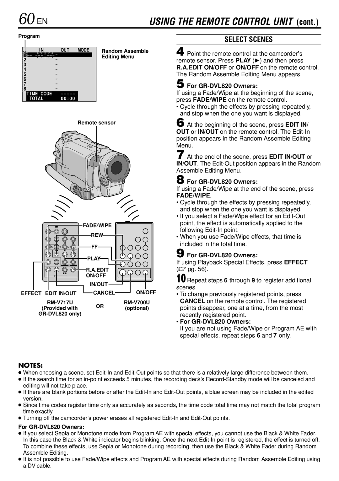 JVC GR-DVL725 instruction manual 60 EN, Select Scenes, For GR-DVL820 Owners, Editing Menu 