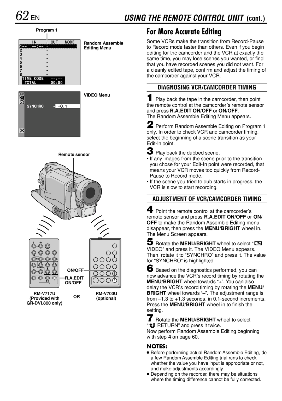 JVC GR-DVL725 62 EN, For More Accurate Editing, Diagnosing VCR/CAMCORDER Timing, Adjustment of VCR/CAMCORDER Timing 