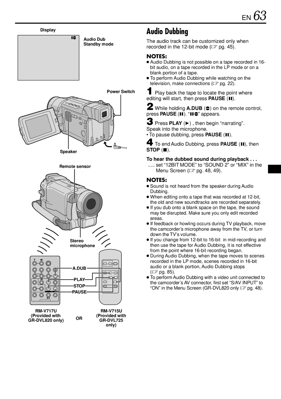 JVC GR-DVL725 Audio Dubbing, To hear the dubbed sound during playback, Set 12BIT Mode to Sound 2 or MIX Menu Screen  pg 