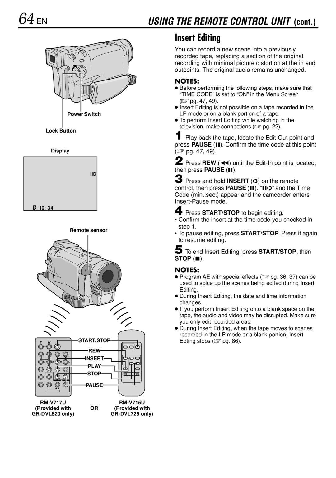 JVC GR-DVL725 instruction manual 64 EN, Insert Editing 