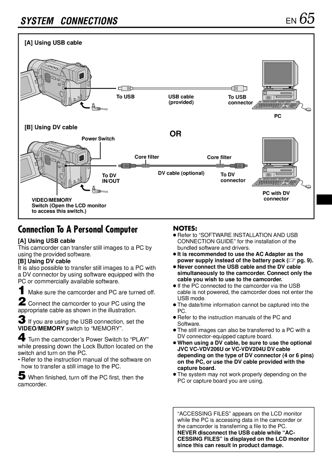 JVC GR-DVL725 instruction manual Using USB cable, Using DV cable, To USB, Power Switch To DV, Core filter 