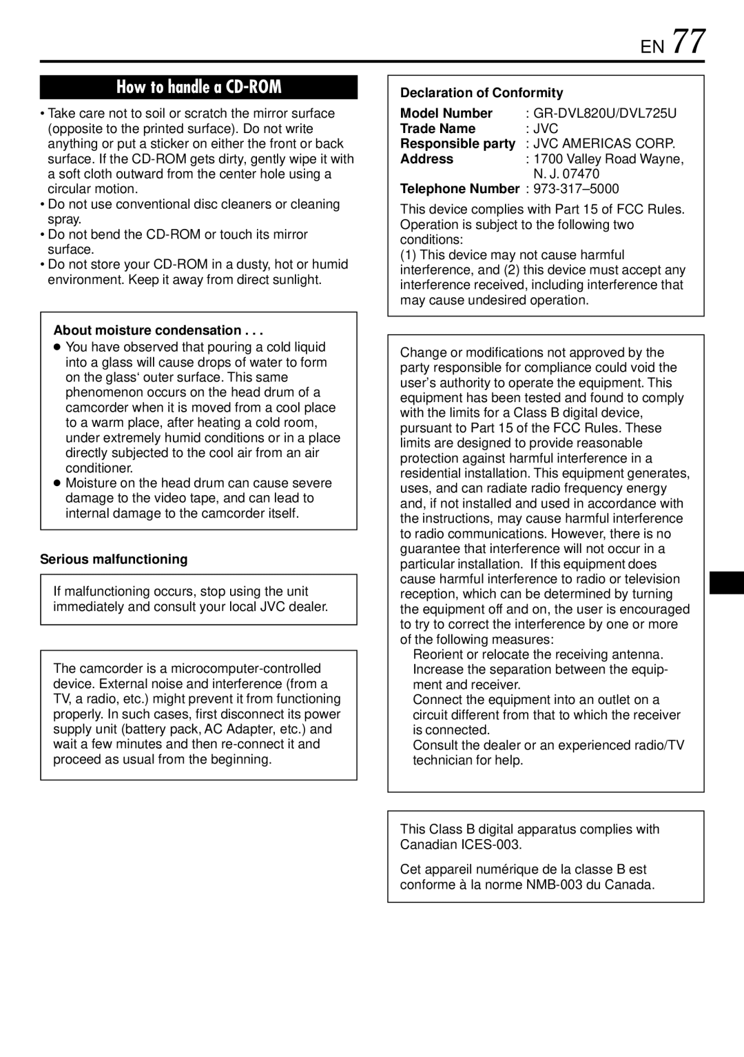 JVC GR-DVL725 About moisture condensation, Serious malfunctioning, Declaration of Conformity Model Number, Trade Name 