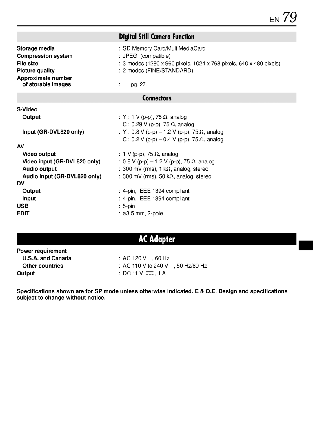 JVC GR-DVL725 Compression system, File size, Picture quality, Approximate number Storable images, Video Output, Input 