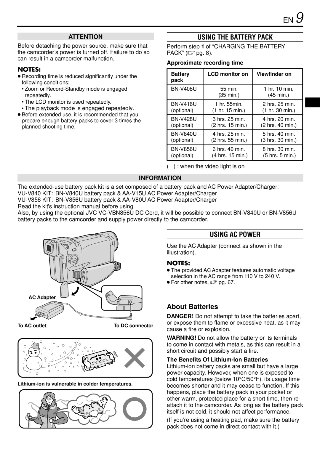 JVC GR-DVL725 instruction manual Using the Battery Pack, Using AC Power, About Batteries, Approximate recording time 