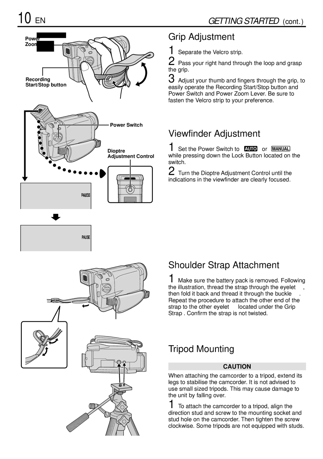 JVC GR-DVL765 specifications 10 EN, Grip Adjustment, Viewfinder Adjustment, Shoulder Strap Attachment, Tripod Mounting 