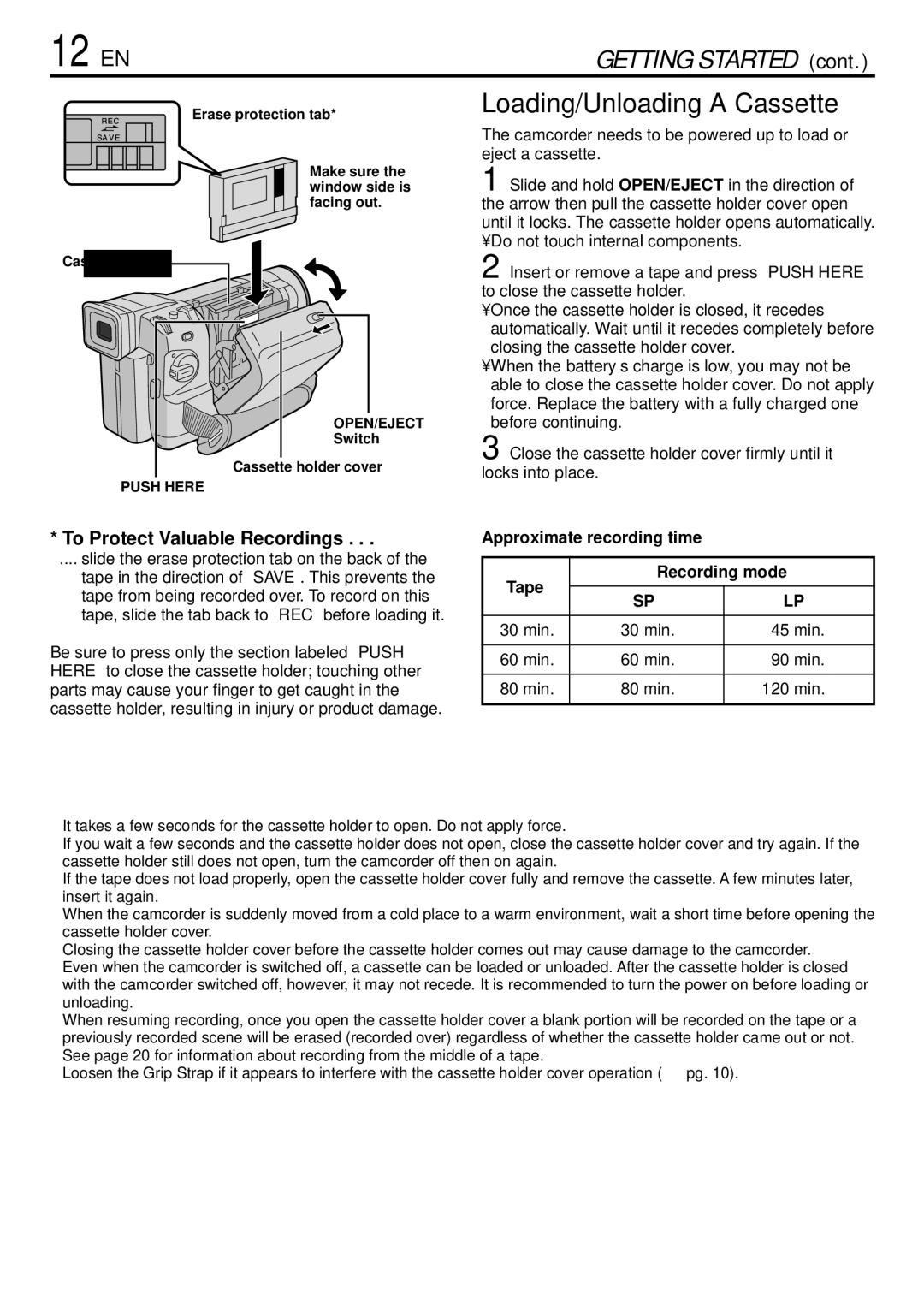 JVC GR-DVL765 specifications 12 EN, Loading/Unloading a Cassette, Approximate recording time Tape Recording mode 