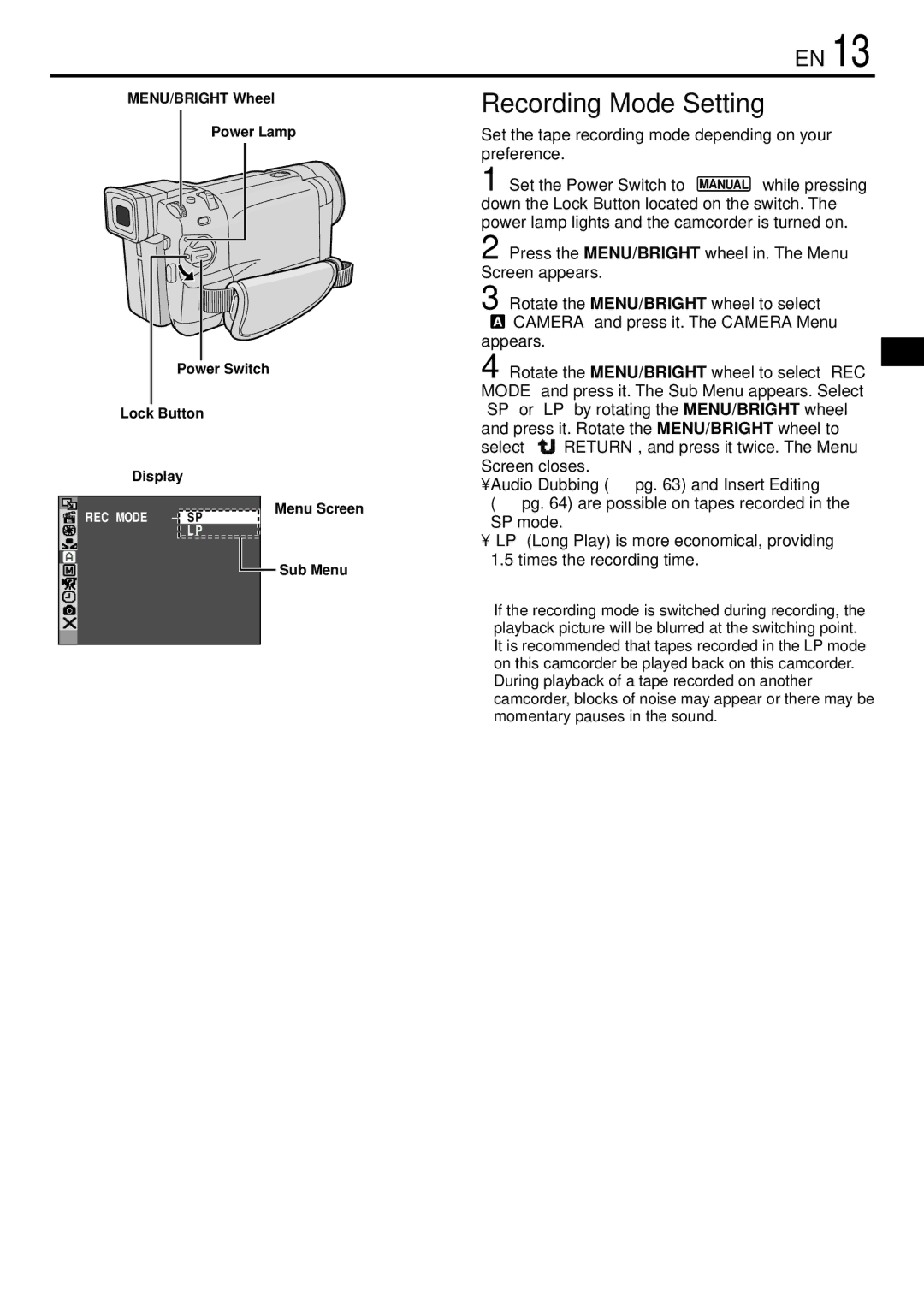 JVC GR-DVL765 specifications Recording Mode Setting, Set the tape recording mode depending on your preference 