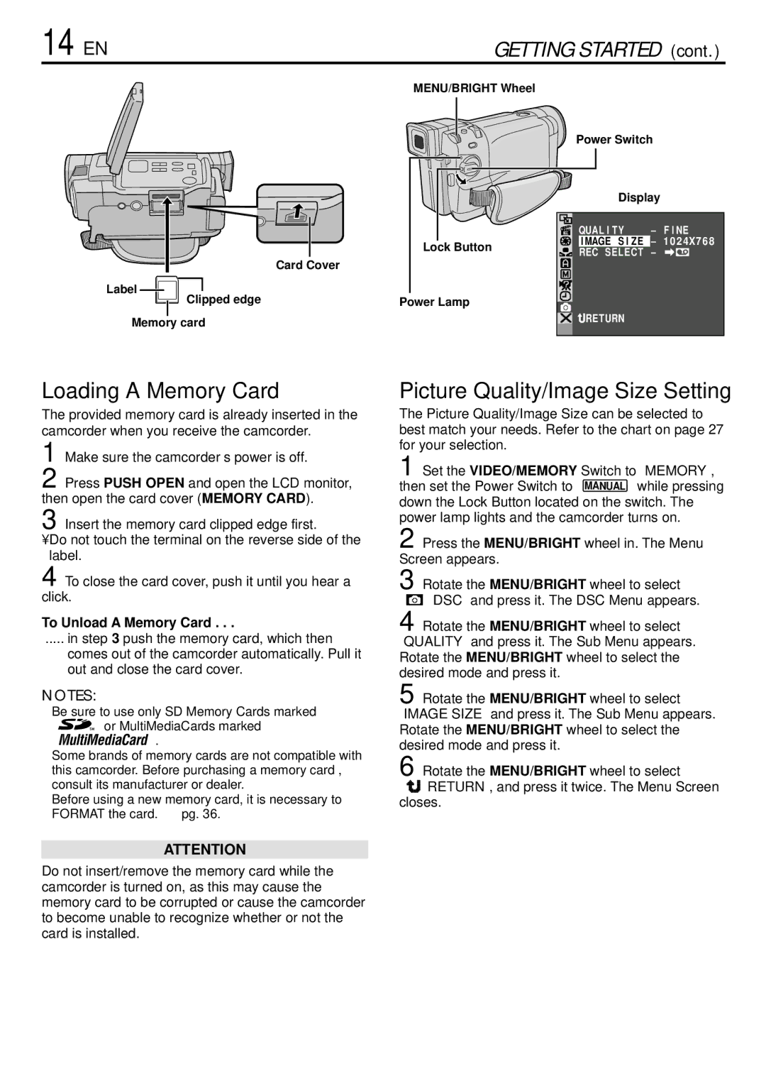 JVC GR-DVL765 specifications Loading a Memory Card, Picture Quality/Image Size Setting, To Unload a Memory Card 