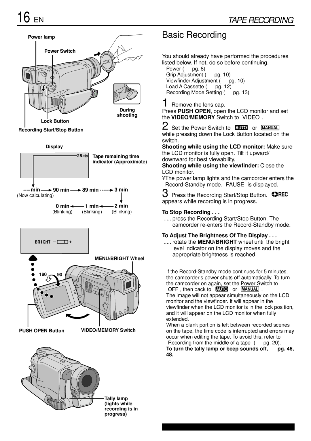 JVC GR-DVL765 specifications 16 EN, Basic Recording, To Stop Recording, To Adjust The Brightness Of The Display 