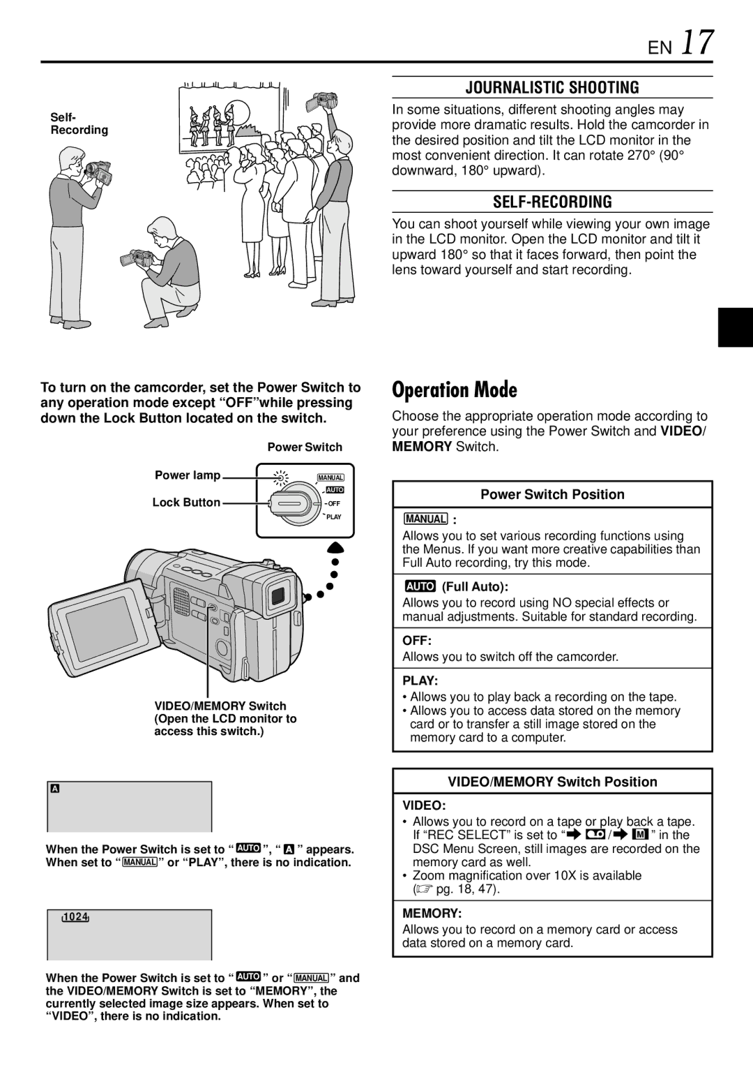 JVC GR-DVL765 Operation Mode, Journalistic Shooting, Self-Recording, Power Switch Position, VIDEO/MEMORY Switch Position 