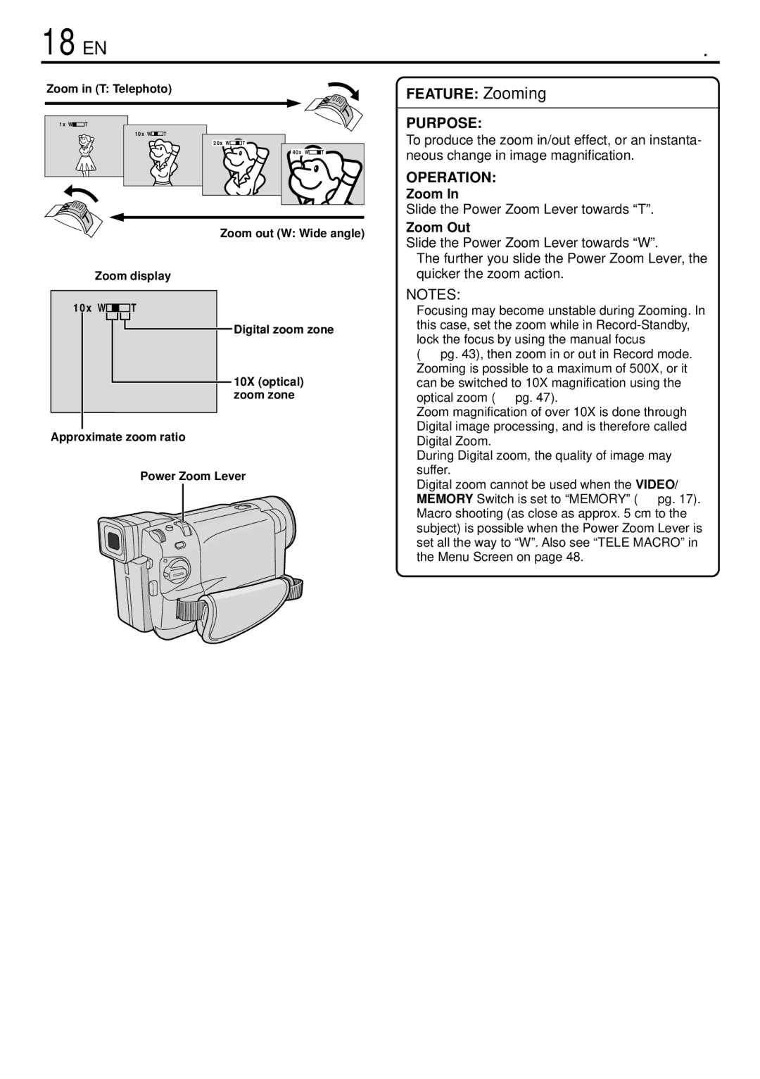 JVC GR-DVL765 specifications 18 EN, Slide the Power Zoom Lever towards T, Zoom Out 