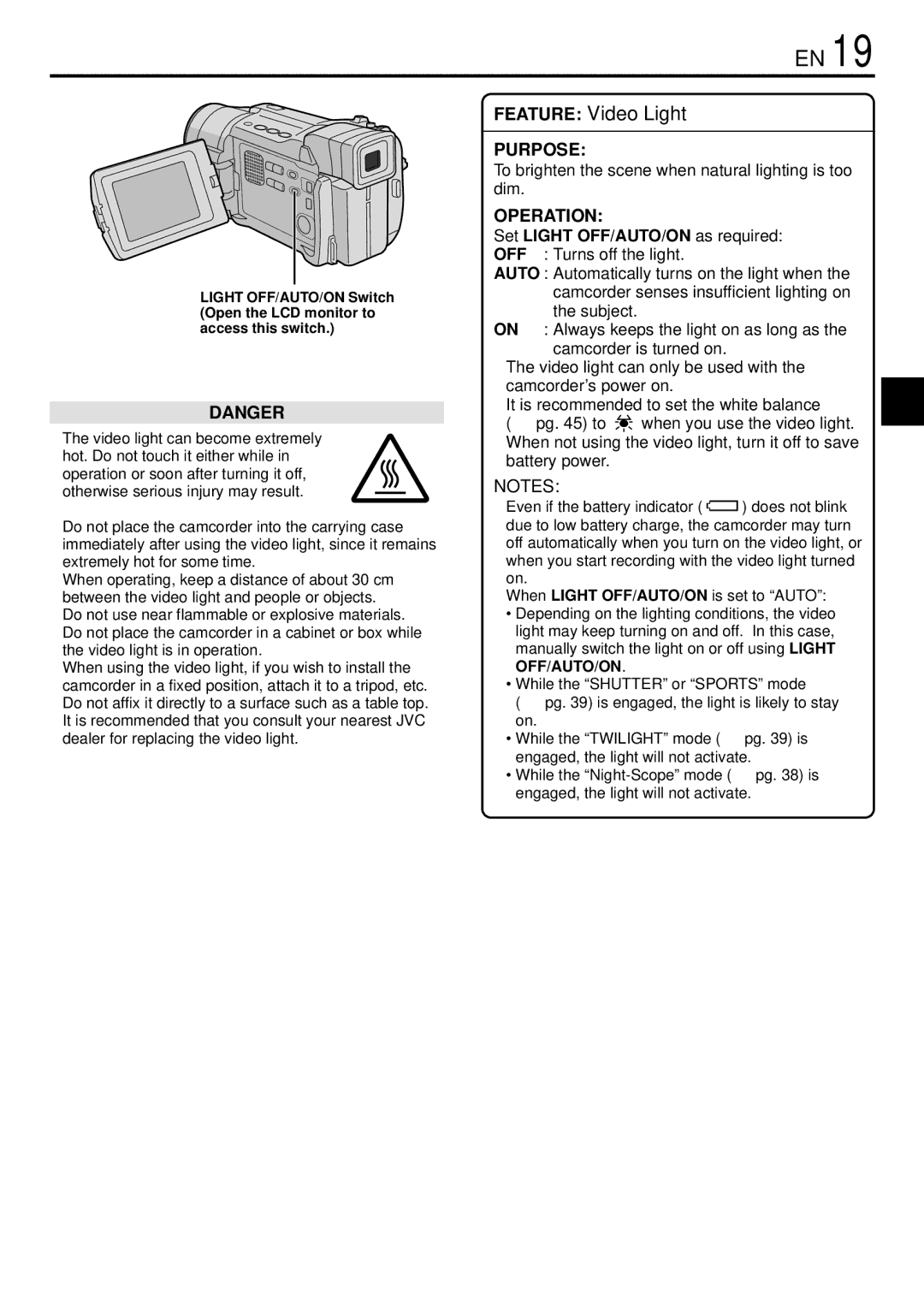 JVC GR-DVL765 specifications To brighten the scene when natural lighting is too dim 