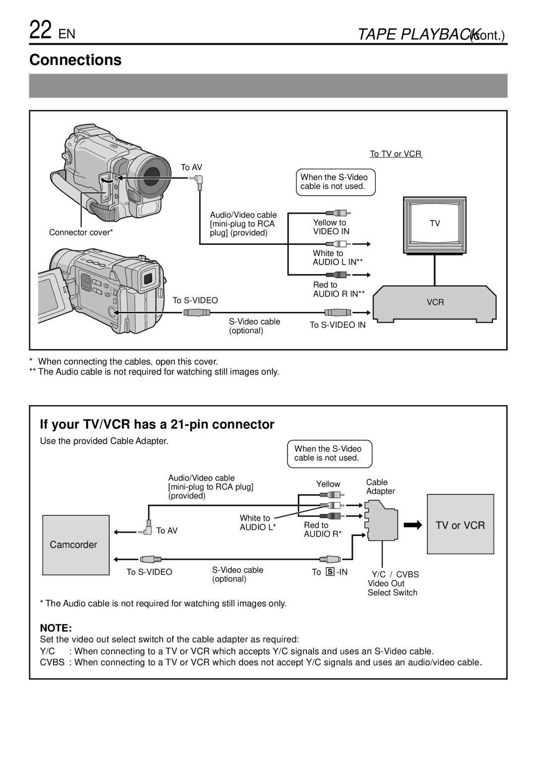 JVC GR-DVL765 specifications 22 EN, Connections, Camcorder 