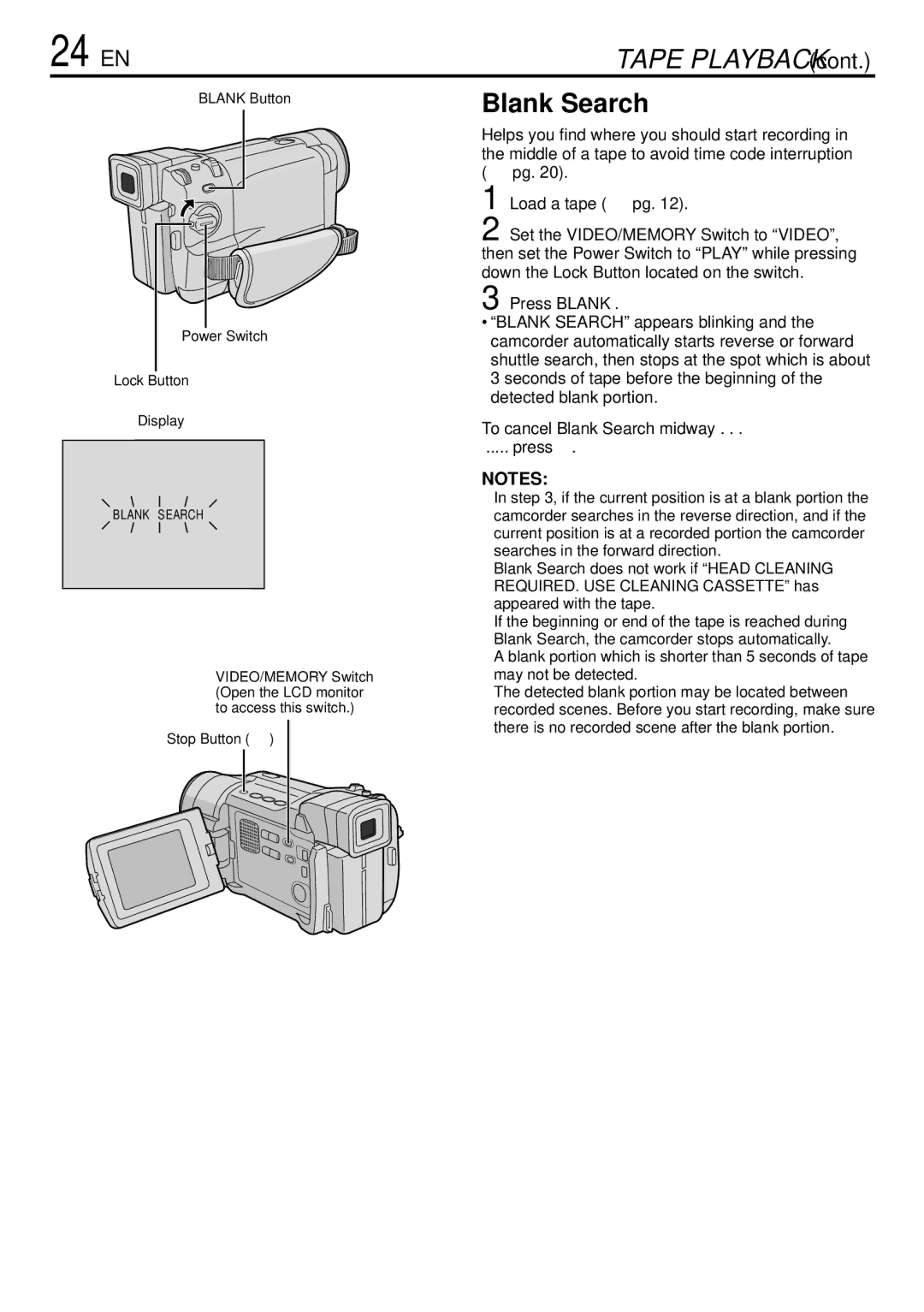 JVC GR-DVL765 specifications 24 EN, To cancel Blank Search midway, Press 