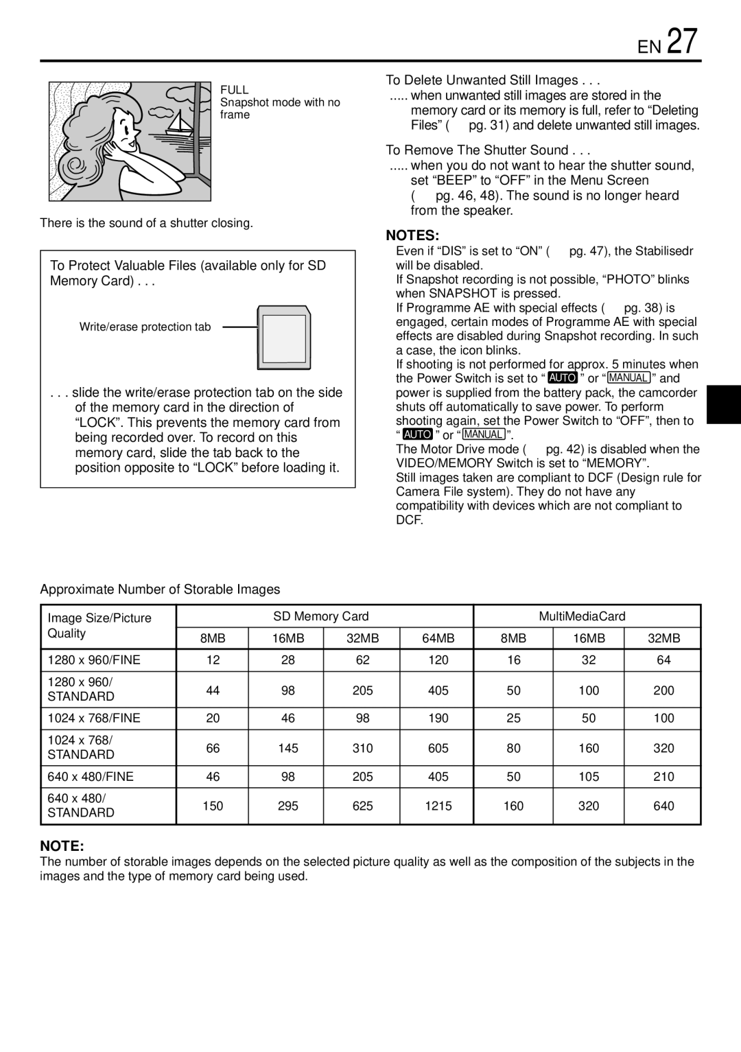 JVC GR-DVL765 To Protect Valuable Files available only for SD Memory Card, When unwanted still images are stored 