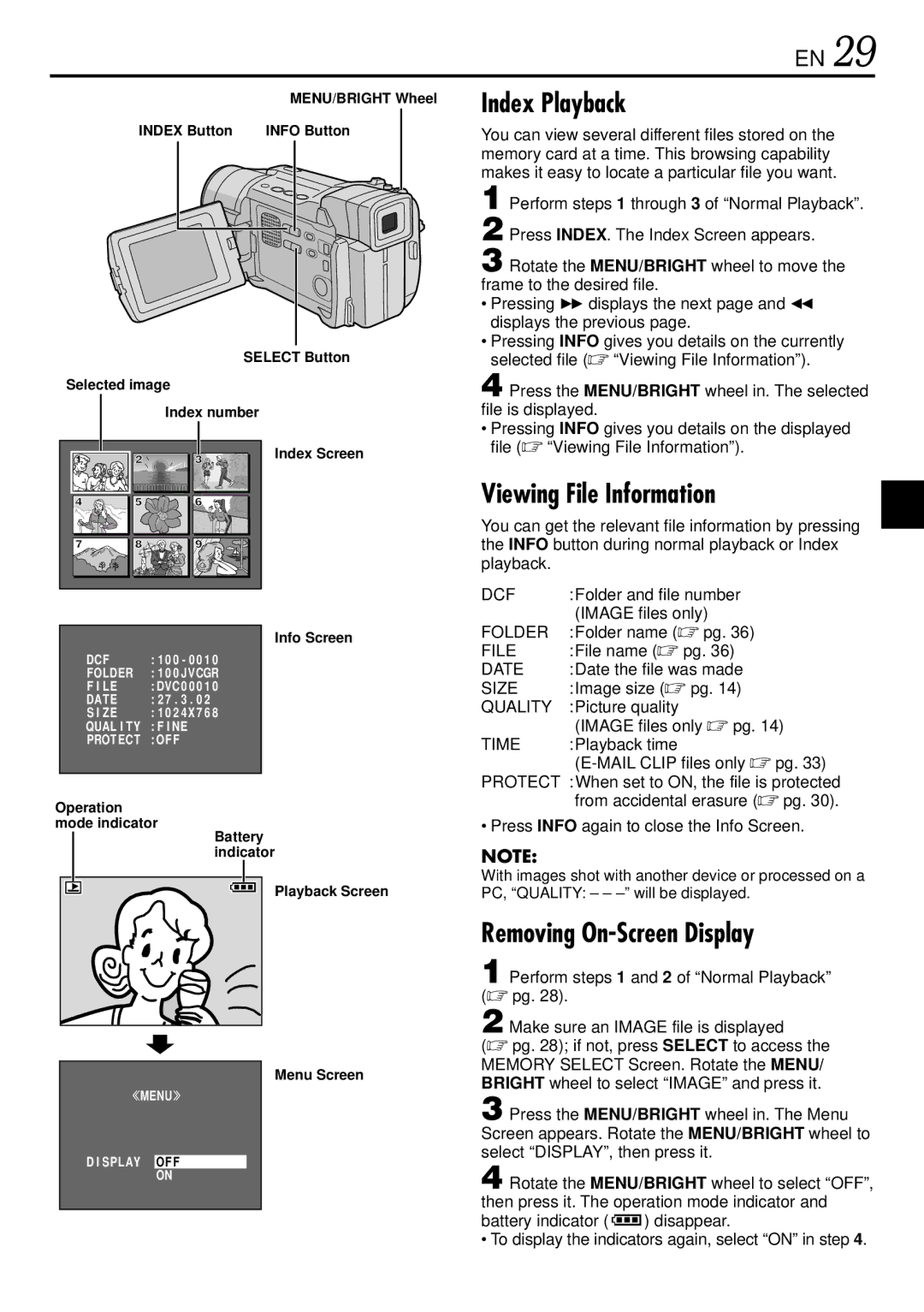 JVC GR-DVL765 specifications Index Playback, Viewing File Information, Removing On-Screen Display 