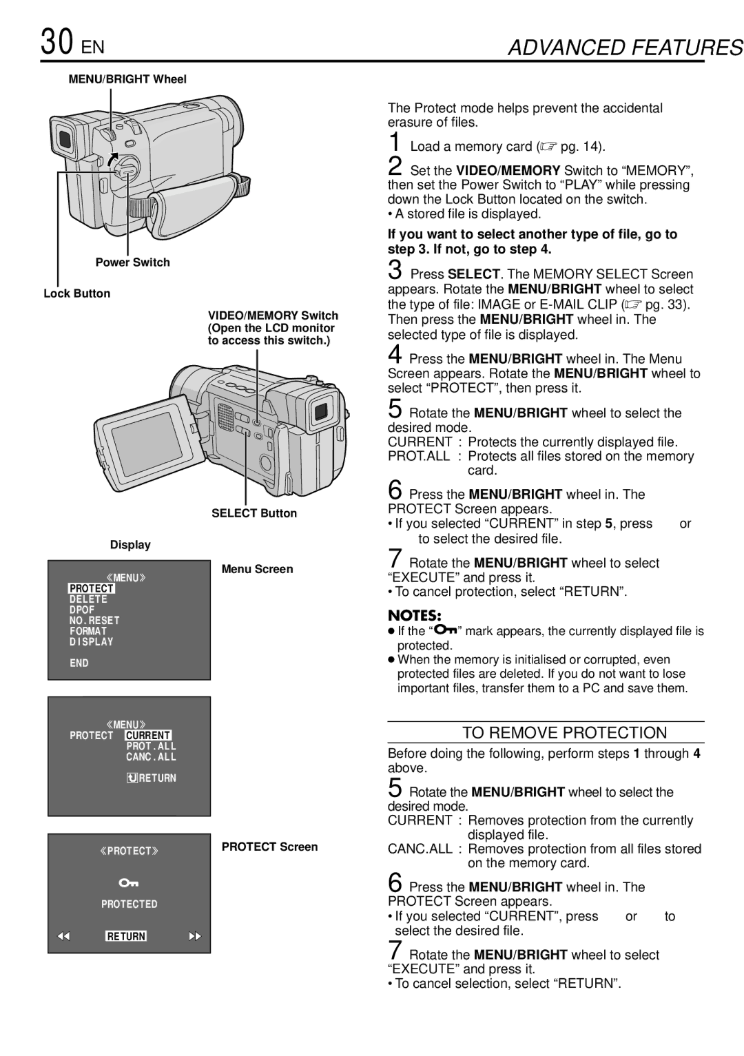 JVC GR-DVL765 specifications 30 EN, Protecting Files, To Remove Protection, Stored file is displayed 