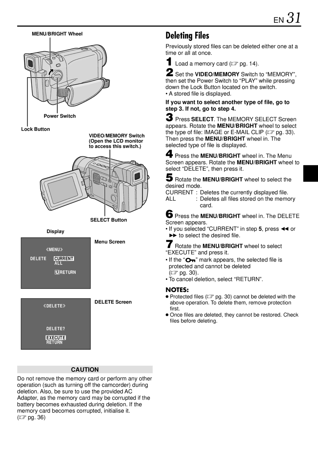 JVC GR-DVL765 Deleting Files, MENU/BRIGHT Wheel Power Switch Lock Button, Select Button Display Menu Screen, Delete Screen 