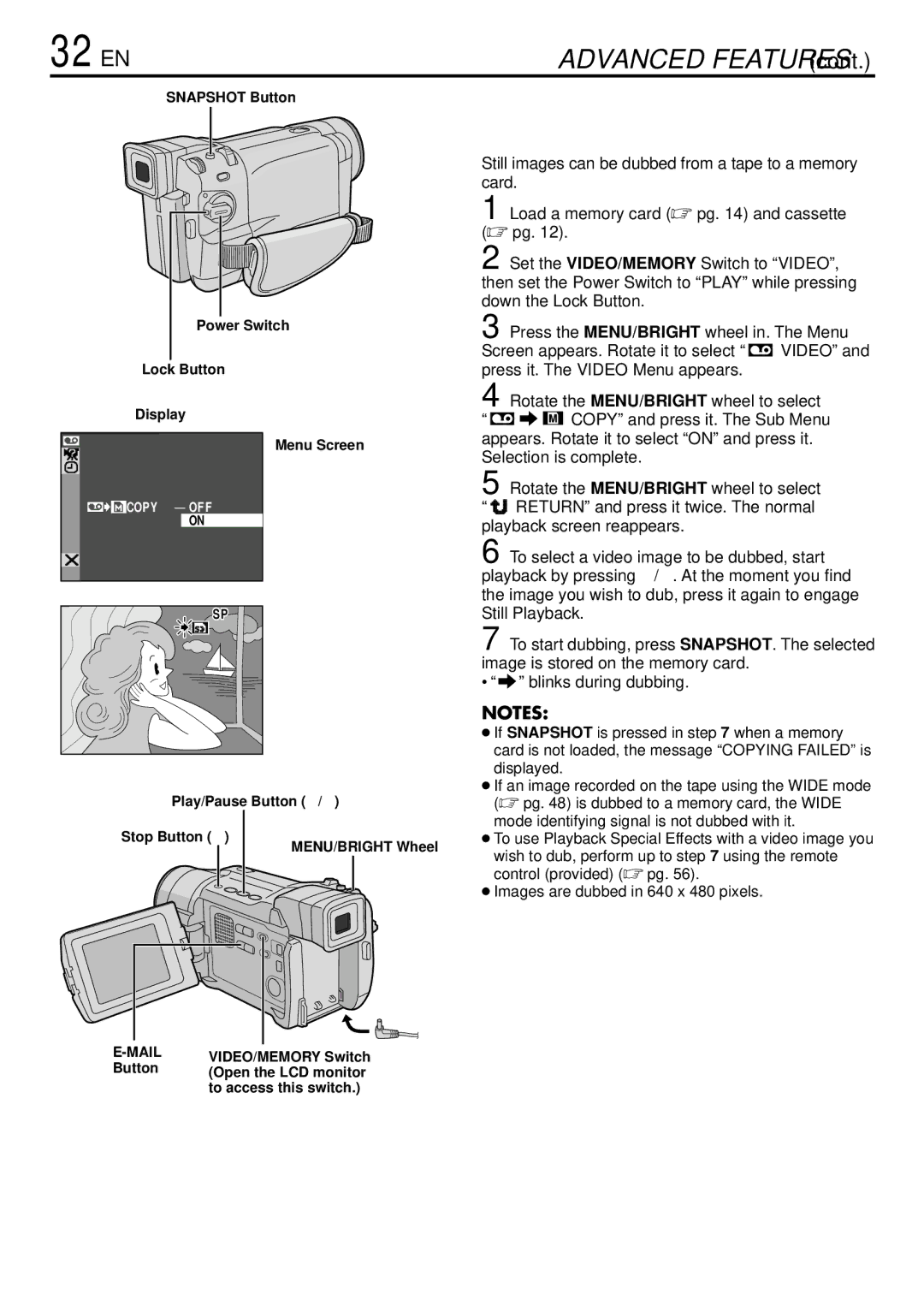 JVC GR-DVL765 32 EN, Dubbing Still Images Recorded On a Tape To a Memory Card, Lock Button Display Menu Screen 