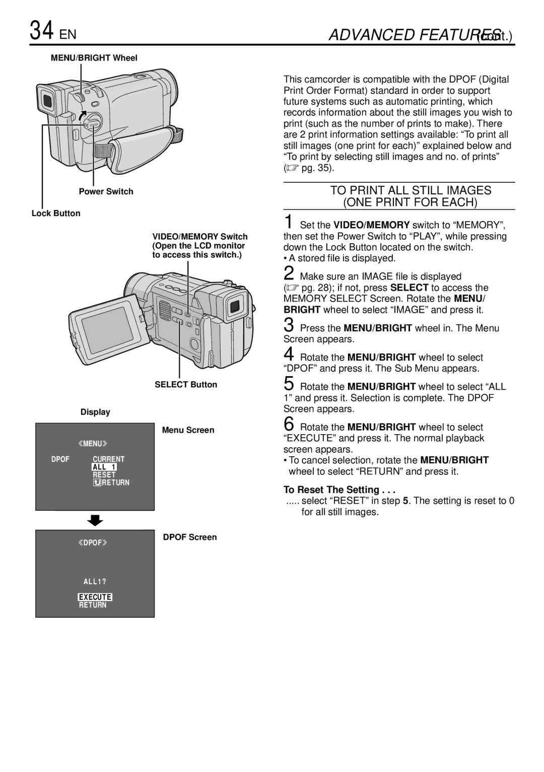 JVC GR-DVL765 specifications 34 EN, To Print ALL Still Images ONE Print for Each, To Reset The Setting, Dpof Screen 