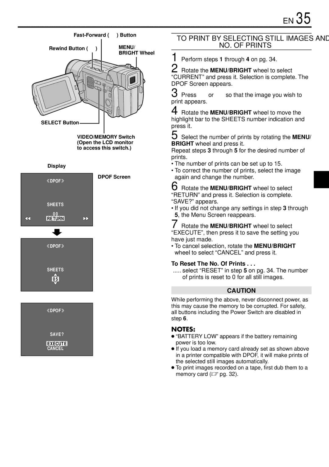 JVC GR-DVL765 specifications To Print by Selecting Still Images NO. of Prints, To Reset The No. Of Prints, Select Button 