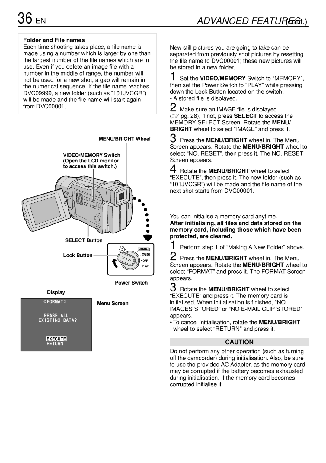 JVC GR-DVL765 specifications 36 EN, Making a New Folder, Initialising a Memory Card, Folder and File names 