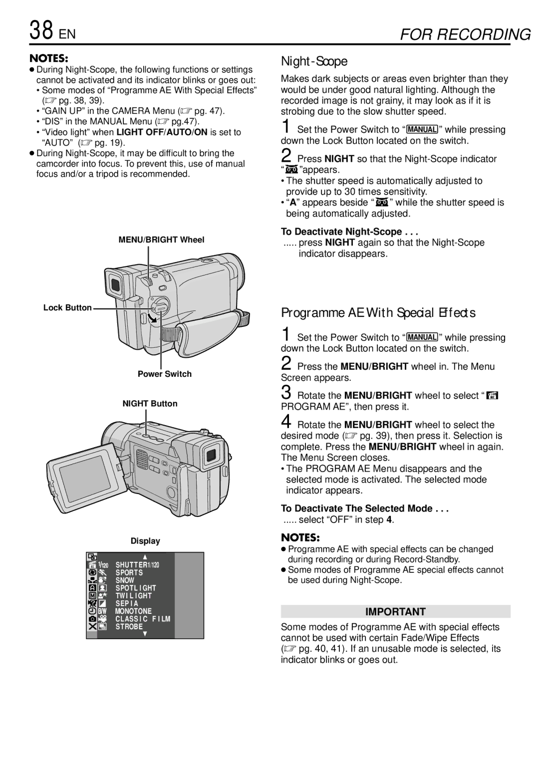 JVC GR-DVL765 specifications 38 EN, To Deactivate Night-Scope, To Deactivate The Selected Mode, Select OFF in step 