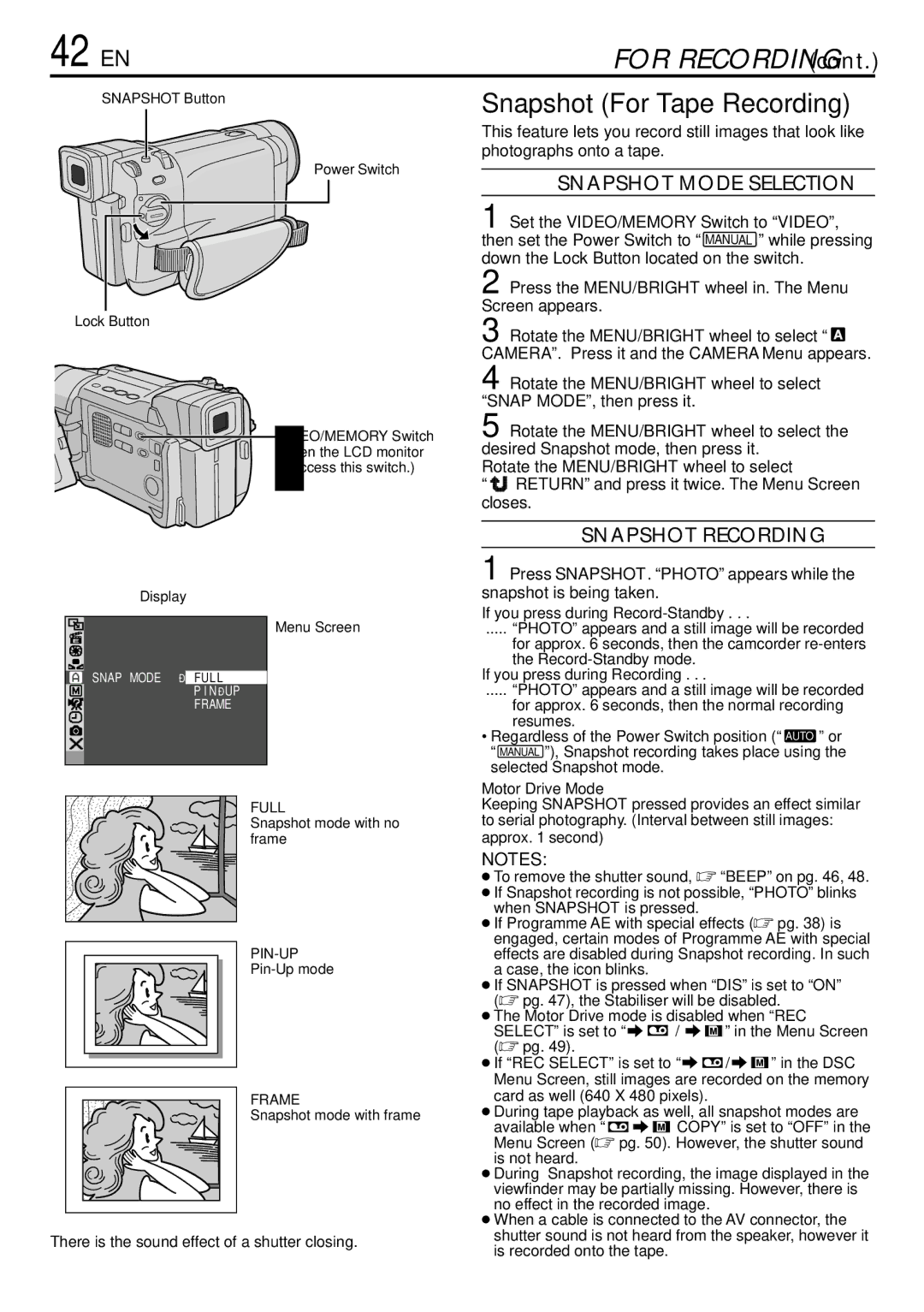 JVC GR-DVL765 specifications 42 EN, Snapshot For Tape Recording, Snapshot Mode Selection, Snapshot Recording 