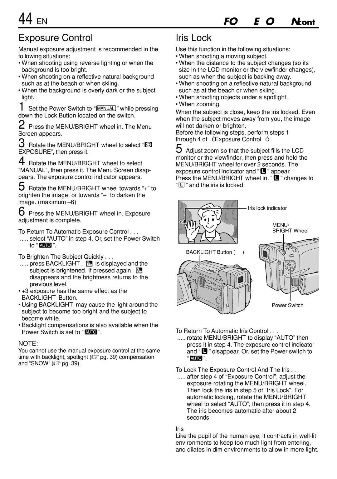 JVC GR-DVL765 specifications 44 EN, Exposure Control, Iris Lock 