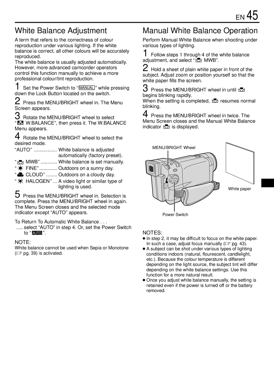 JVC GR-DVL765 specifications White Balance Adjustment, Manual White Balance Operation, Cloud, Halogen 