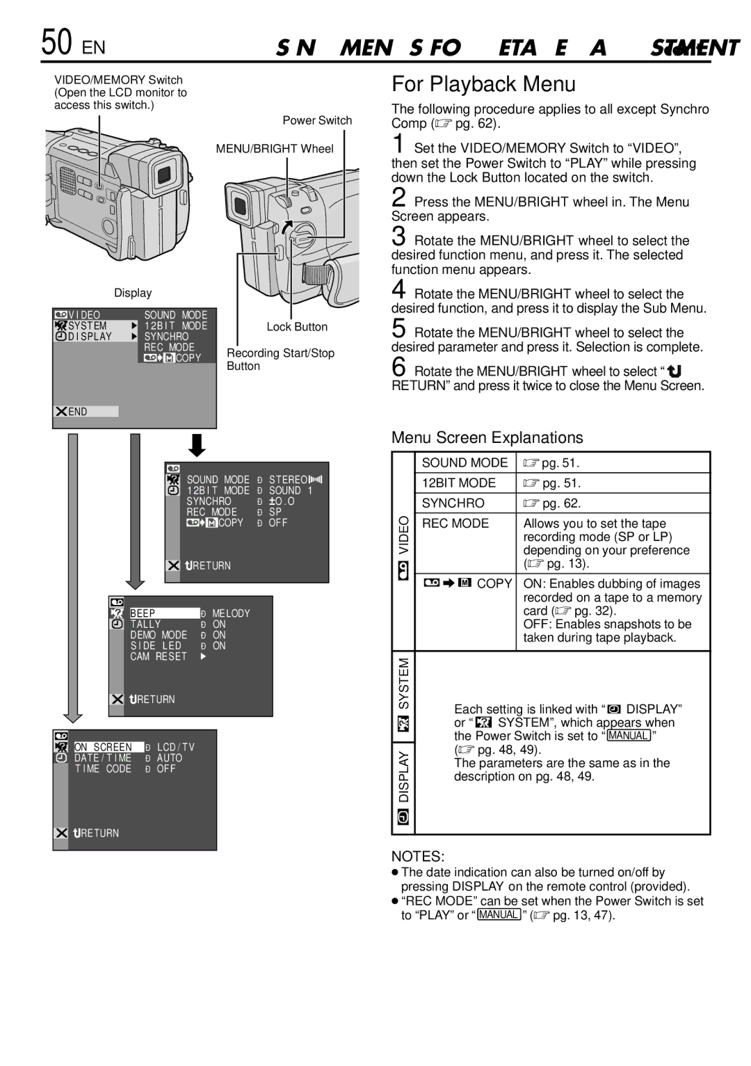 JVC GR-DVL765 specifications 50 EN, For Playback Menu, Following procedure applies to all except Synchro Comp  pg 