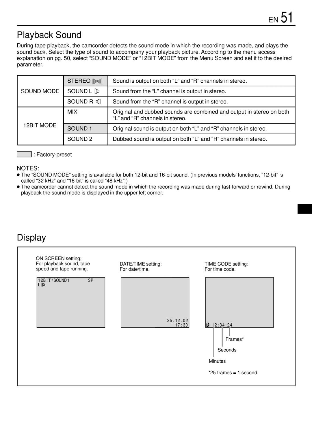 JVC GR-DVL765 specifications Playback Sound, Display, Sound Mode 