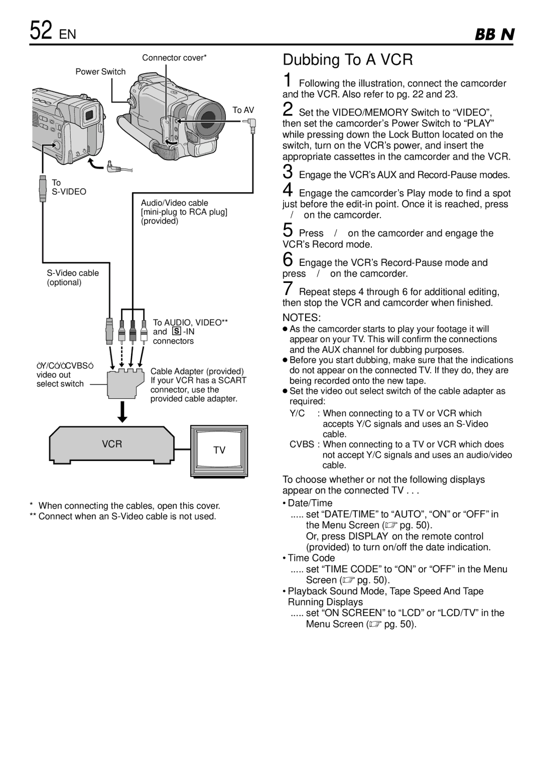 JVC GR-DVL765 specifications 52 EN, Dubbing To a VCR, Vcr 