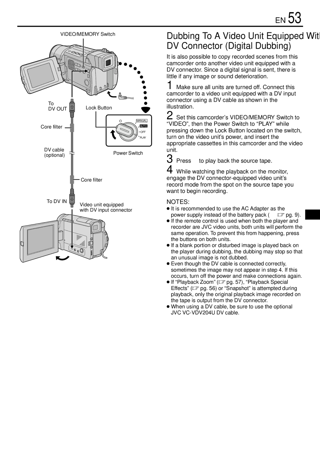 JVC GR-DVL765 specifications Core filter DV cable optional, To DV 